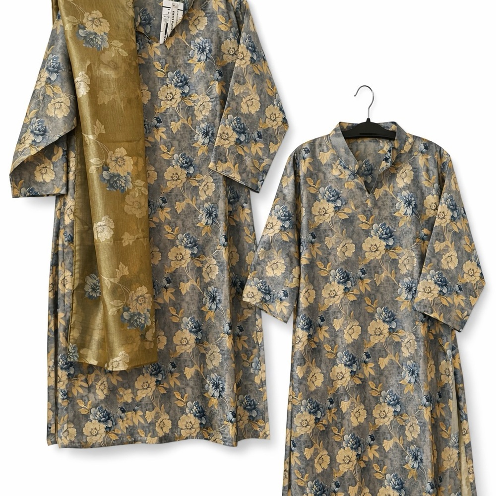 Floral Print Long Dress with Matching Scarf - Blue & Gold